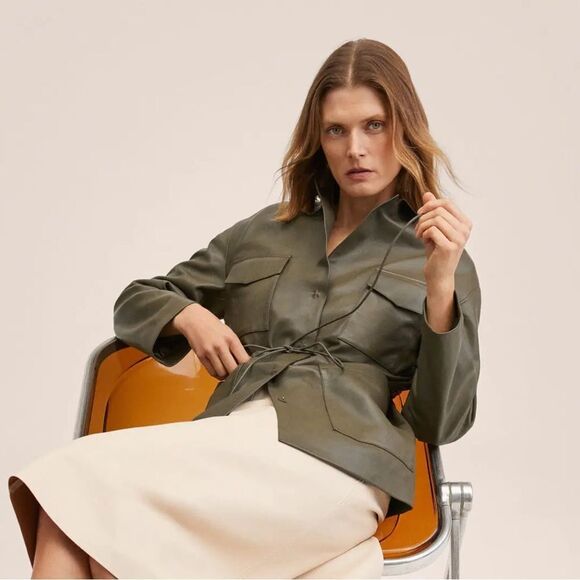 Mango Leather Military Belted Jacket similar to Toteme Jacket - Picture 4 of 8